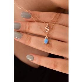Papatya Silver 925 Ayar Rose Kaplama S Harf ve Opal Taşlı Asansörlü Kadın Gümüş Kolye