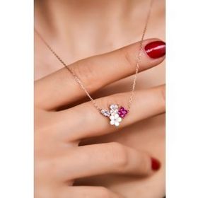 Papatya Silver 925 Ayar Rose Kaplama Sedef Manolya Fuşya Beyaz Taşlı Damla Yonca Çiçek Gümüş Kolye