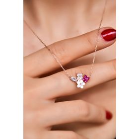 Papatya Silver 925 Ayar Rose Kaplama Sedef Manolya Fuşya Beyaz Taşlı Damla Yonca Çiçek Gümüş Kolye