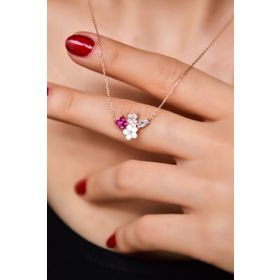 Papatya Silver 925 Ayar Rose Kaplama Sedef Manolya Fuşya Beyaz Taşlı Damla Yonca Çiçek Gümüş Kolye