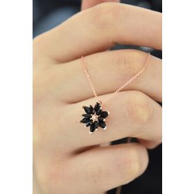Papatya Silver 925 Ayar Rose Kaplama Siyah Lotus Gümüş Kolye