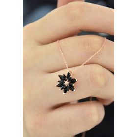 Papatya Silver 925 Ayar Rose Kaplama Siyah Lotus Gümüş Kolye