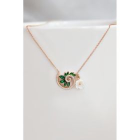 Papatya Silver 925 Ayar Rose Kaplama Tasarım Yeşil Taşlı Sedef Manolya Çiçeği Damla Gümüş Kolye