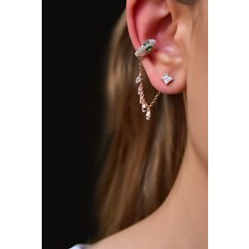 Papatya Silver 925 Ayar Rose Kaplama Tekli Ear Cuff Chain Snake Gümüş Küpe