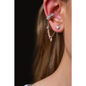 Papatya Silver 925 Ayar Rose Kaplama Tekli Ear Cuff Chain Snake Gümüş Küpe