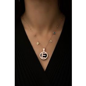 Papatya Silver 925 Ayar Rose Kaplama Top Zincirli Tasarım Şans Parçalı E Harf Kadın Gümüş Kolye