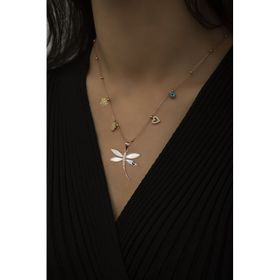 Papatya Silver 925 Ayar Rose Kaplama Top Zincirli Tasarım Şans Parçalı Sedef Yusufçuk Kadın Gümüş Kolye