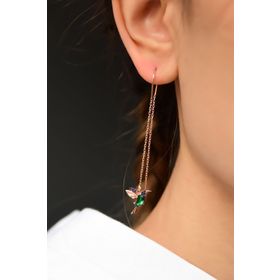 Papatya Silver 925 Ayar Rose Kaplama Yeşil Mor Taşlı Zincir Kuş Gümüş Küpe