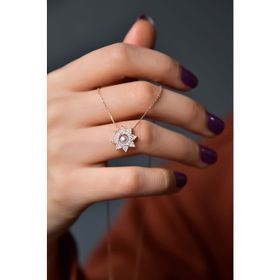 Papatya Silver 925 Ayar Rose Kaplama Zirkon Taşlı Montür İncili Güneş Kadın Gümüş Kolye