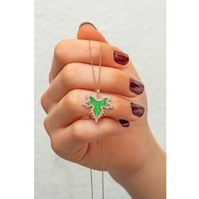 Papatya Silver 925 Ayar Rose Kaplama Zirkon Taşlı Yeşil Mineli Çınar Kadın Gümüş Kolye