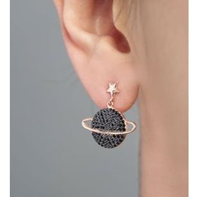 Papatya Silver 925 Ayar Siyah Taşlı Gümüş Gezegen Küpe