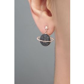 Papatya Silver 925 Ayar Siyah Taşlı Gümüş Gezegen Küpe