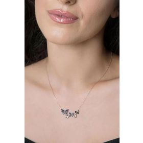 Papatya Silver 925 Ayar Siyah Taşlı Sıralı Kelebek Kolye Rose Altın Kaplama Kadın Gümüş Kolye