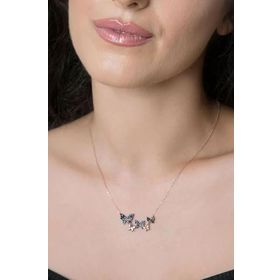 Papatya Silver 925 Ayar Siyah Taşlı Sıralı Kelebek Kolye Rose Altın Kaplama Kadın Gümüş Kolye