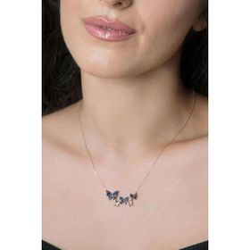 Papatya Silver 925 Ayar Siyah Taşlı Sıralı Kelebek Kolye Rose Altın Kaplama Kadın Gümüş Kolye