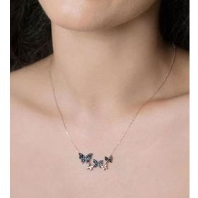Papatya Silver 925 Ayar Siyah Zirkon Taşlı Gümüş Rose Altın Kaplama Sıralı Kelebek Kolye