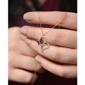 Papatya Silver 925 Ayar Siyah Zirkon Taşlı Kalp Kelebek Kadın Gümüş Kolye