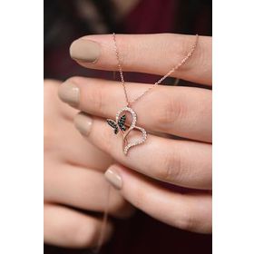 Papatya Silver 925 Ayar Siyah Zirkon Taşlı Kalp Kelebek Kadın Gümüş Kolye