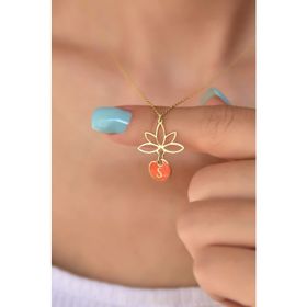 Papatya Silver 925 Ayar Turuncu Mineli S Harf Lotus Çiçeği Kadın Gümüş Kolye