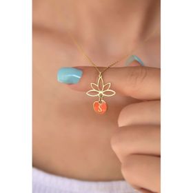 Papatya Silver 925 Ayar Turuncu Mineli S Harf Lotus Çiçeği Kadın Gümüş Kolye