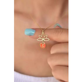 Papatya Silver 925 Ayar Turuncu Mineli S Harf Lotus Çiçeği Kadın Gümüş Kolye