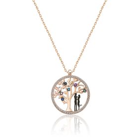 Papatya Silver Hayat Ağacı Renkli Nano Zirkon Taşlı Rose Gold Kaplama 925 Ayar Kadın Gümüş Kolye