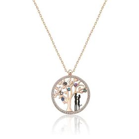 Papatya Silver Hayat Ağacı Renkli Nano Zirkon Taşlı Rose Gold Kaplama 925 Ayar Kadın Gümüş Kolye