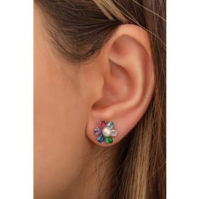 Papatya Silver İncili Çiçek Mix Renkli Zirkon Taşlı Rose Gold Kaplama 925 Ayar Gümüş Küpe