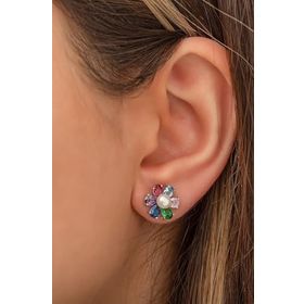 Papatya Silver İncili Çiçek Mix Renkli Zirkon Taşlı Rose Gold Kaplama 925 Ayar Gümüş Küpe