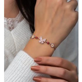 Papatya Silver Kelebek Papatya Uğur Böceği Renkli Mineli Rose Gold Kaplama 925 Ayar Gümüş Bileklik