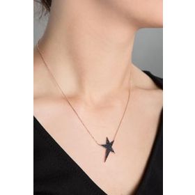 Papatya Silver Siyah Taşlı Yıldız Model Rose Kaplama 925 Ayar Gümüş Kolye