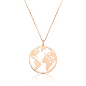 Papatya Silver UVPS100181 Dünya Haritası Halka Formda Rose Altın Kaplama 925 Ayar Gümüş Kolye