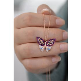 Papatya Silver UVPS100988 Kırmızı Taşlı Mineli Kelebek 925 Ayar Gümüş Kolye