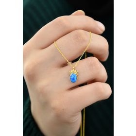 Papatya Silver UVPS101096 Gold Kaplama Mavi Opal Taşlı Ananas 925 Ayar Gümüş Kolye