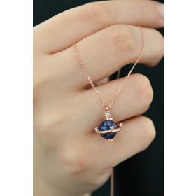 Papatya Silver UVPS101101 Rose Altın Kaplama Oniks Taşlı Gezegen 925 Ayar Gümüş Kolye