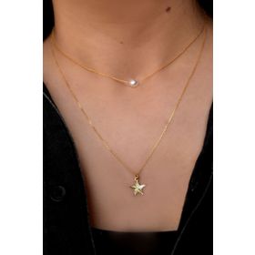 Papatya Silver UVPS101451 Altın Kaplama Kristal Kesim İnci ve Yıldız Asansörlü 925 Ayar Gümüş Kolye