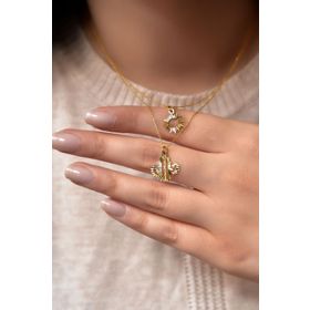 Papatya Silver UVPS101471 Altın Kaplama Kristal Kesim Güneş ve Kaktüs Asansörlü 925 Ayar Gümüş Kolye