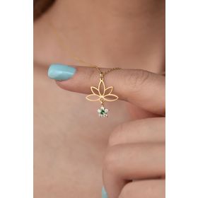 Papatya Silver UVPS101957 Altın Kaplama Yeşil Çiçekli Lotus Çiçeği 925 Ayar Gümüş Kolye