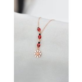 Papatya Silver UVPS101992 Rose Kaplama Uğur Böcekli Papatyalı Akışlı 925 Ayar Gümüş Kolye