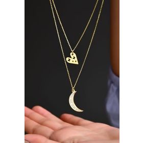 Papatya Silver UVPS102136 Altın Kaplama Kalp ve Mineli Ay Asansör 925 Ayar Gümüş Kolye