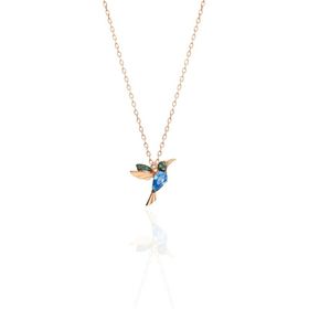 Papatya Silver UVPS102161 Rose Kaplama Akua ve Yeşil Taşlı Kuş 925 Ayar Gümüş Kolye