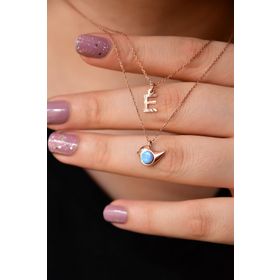 Papatya Silver UVPS400158 Rose Kaplama Harf ve Opal Taşlı Kuş Asansör 925 Ayar Gümüş Kolye