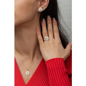Papatya Silver UVPS600027 Papatya Set Özel Tasarım Altın Kaplama Yüzük Küpe 925 Ayar Gümüş Kolye