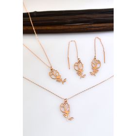 Papatya Silver UVPS600040 Rose Kaplama Gül Küpe Bileklik Set 925 Ayar Gümüş Kolye