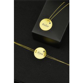 Papatya Silver UVPS600054 Altın Kaplama İsimli Mine Gözlü Plaka Bileklik ve Set 925 Ayar Gümüş Kolye
