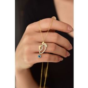 Papatya Silver UVPTS100473 925 Ayar Gold Kaplama Cam Gözlü Anne Çocuk Ayak Izi Kadın Gümüş Kolye