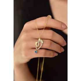 Papatya Silver UVPTS100473 925 Ayar Gold Kaplama Cam Gözlü Anne Çocuk Ayak Izi Kadın Gümüş Kolye