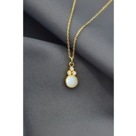 Papatya Silver UVPTS10058 925 Ayar Gold Kaplama Beyaz Opal Taşlı Yuvarlak Gümüş Kolye