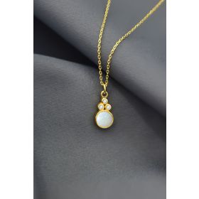 Papatya Silver UVPTS10058 925 Ayar Gold Kaplama Beyaz Opal Taşlı Yuvarlak Gümüş Kolye