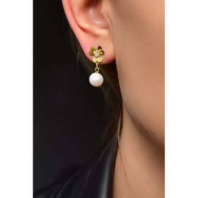 Papatya Silver UVPTS300357 925 Ayar Gold Kaplama Inci Sallantılı Zirkon Taşlı Frezya Çiçeği Gümüş Küpe